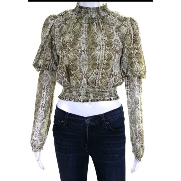 Wayf Puff Long Sleeve Mock Neck Sand Snake Print Top Size XS NWT Smocked Hem - Picture 1 of 8